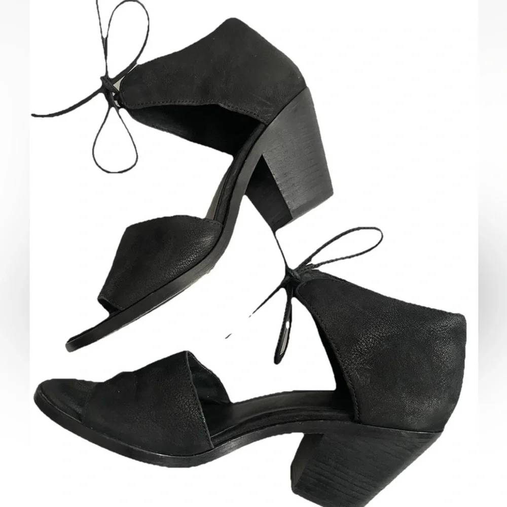 Eileen Fisher Ann Black Suede Tumbled Nubuck Ankle Tie Sandals Sz 7.5 Block Heel